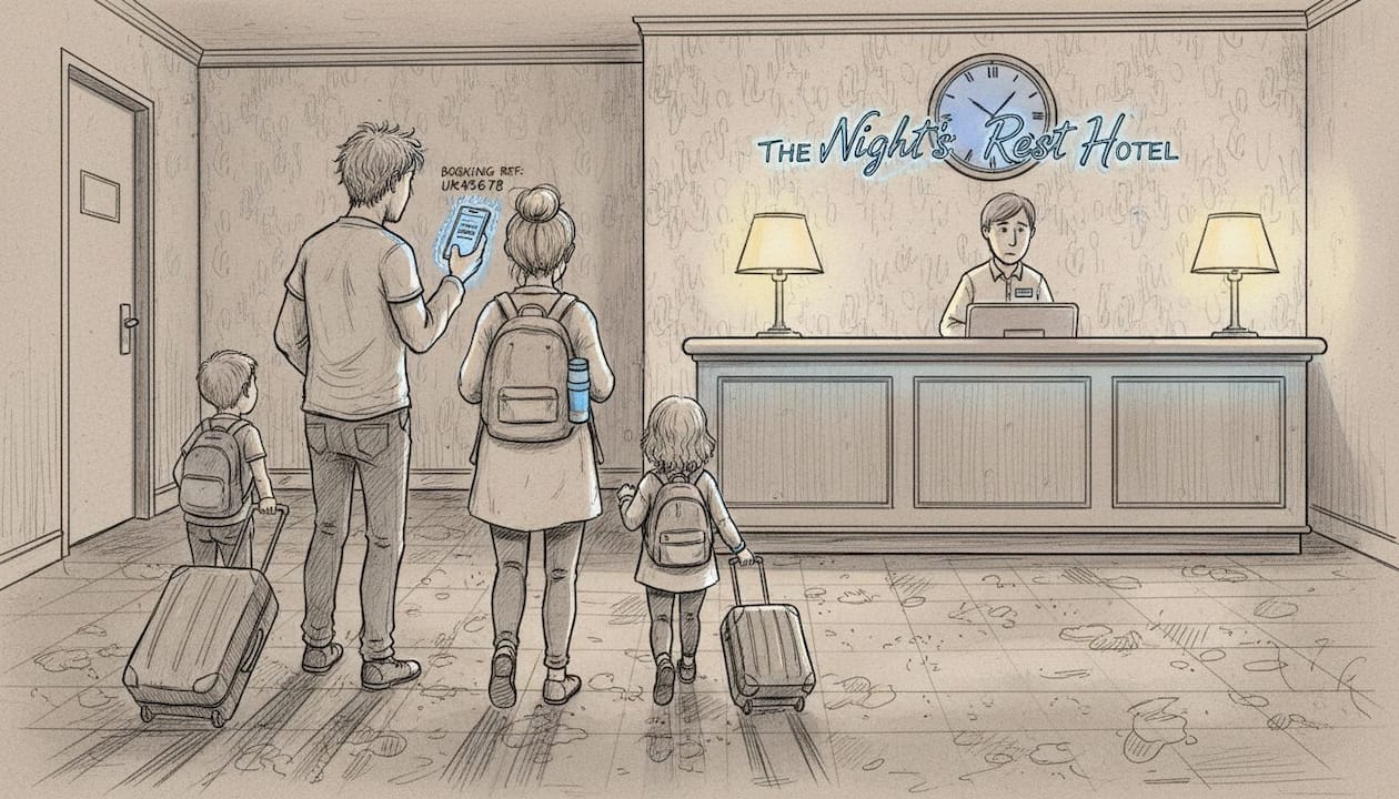 Family arriving at hotel after taxi ride