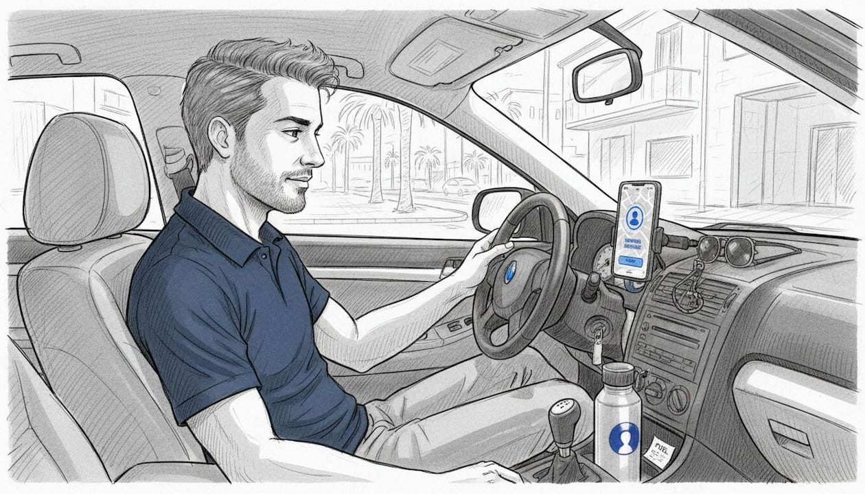 Taxi driver checks ride request in car