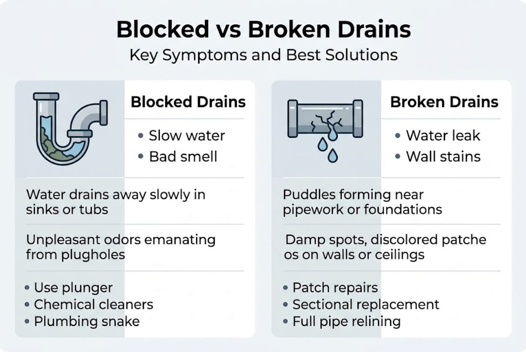 Infographic showing blocked vs broken drain symptoms