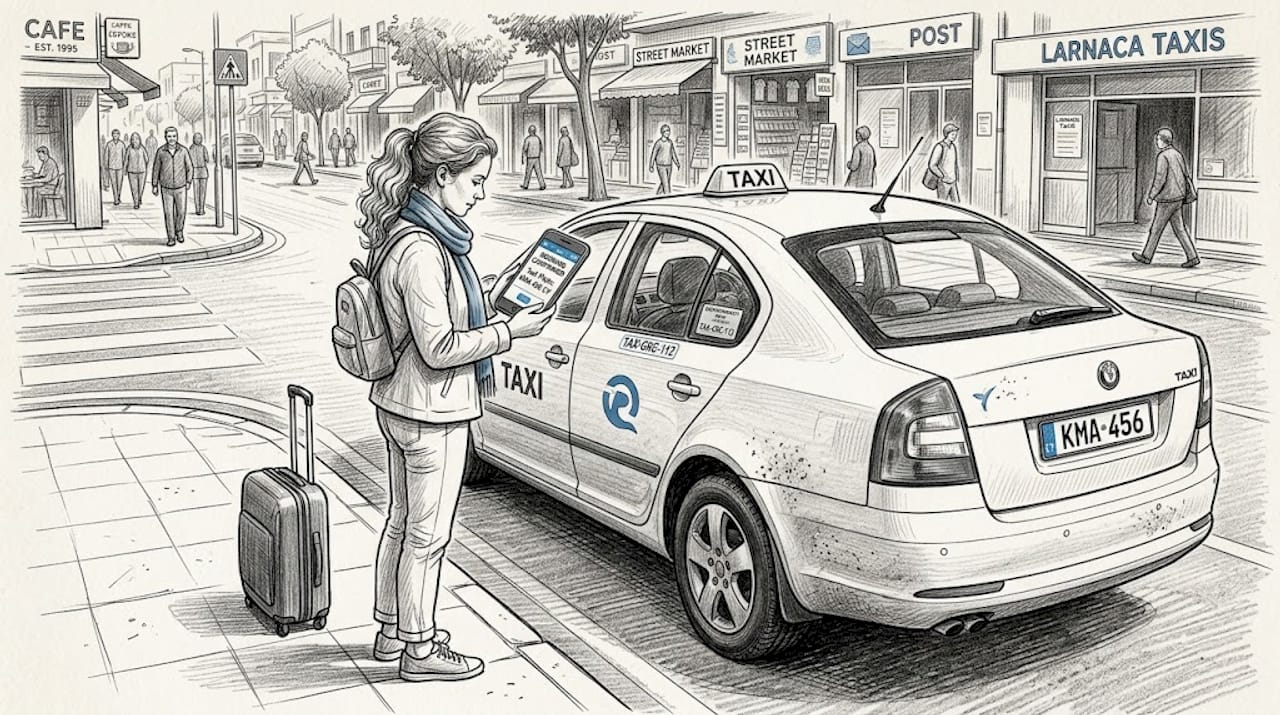 Traveler verifying taxi registration curbside