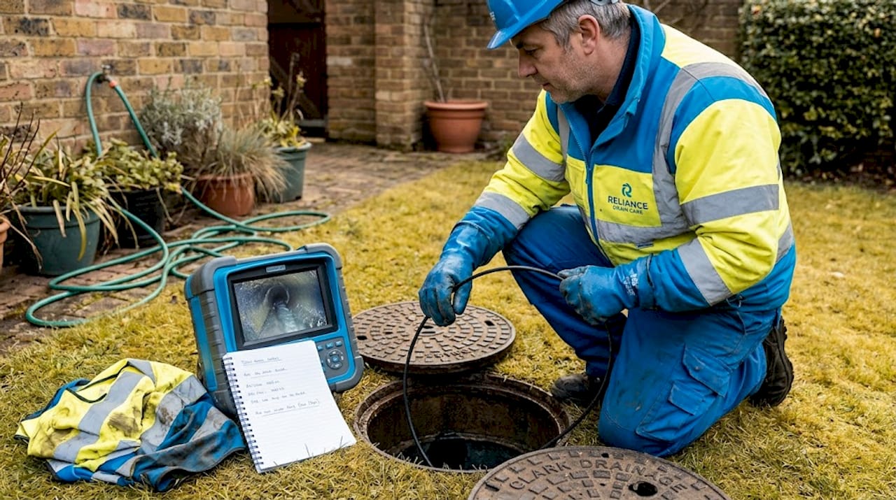 Engineer works with CCTV drain survey equipment