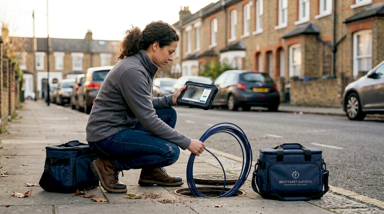 Surveyor conducting CCTV drain survey outdoors