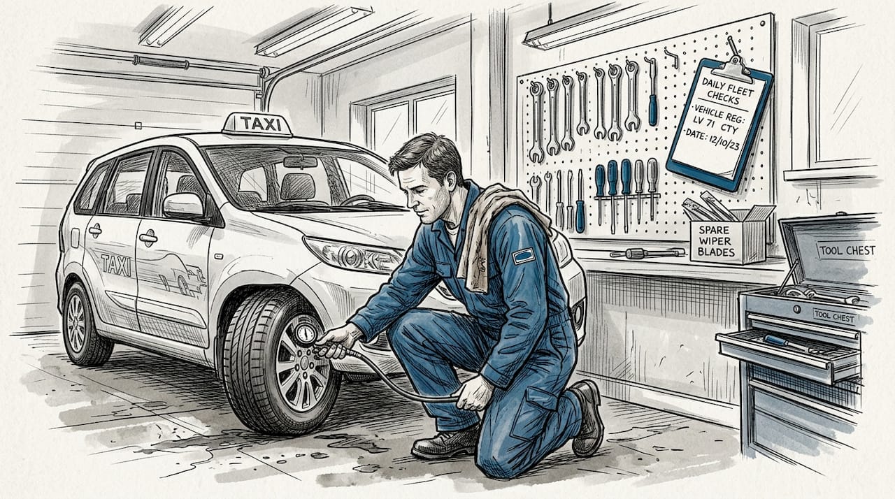 Mechanic performing taxi fleet maintenance in garage