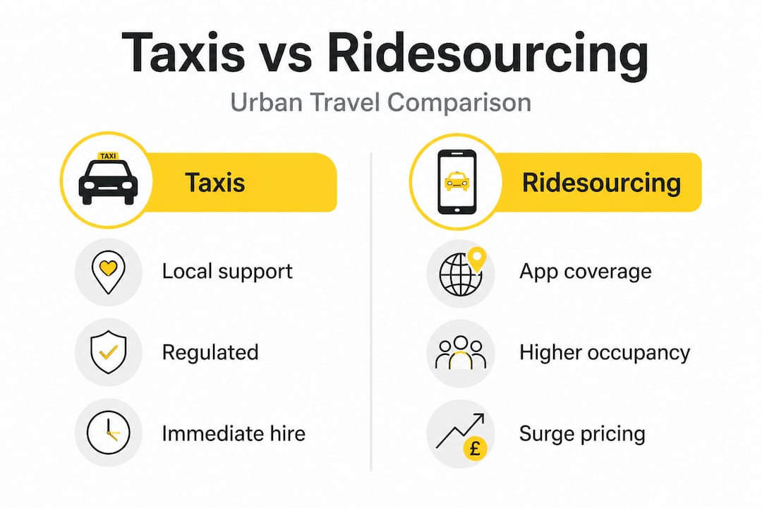 Infographic comparing taxis and ridesourcing apps for urban travel