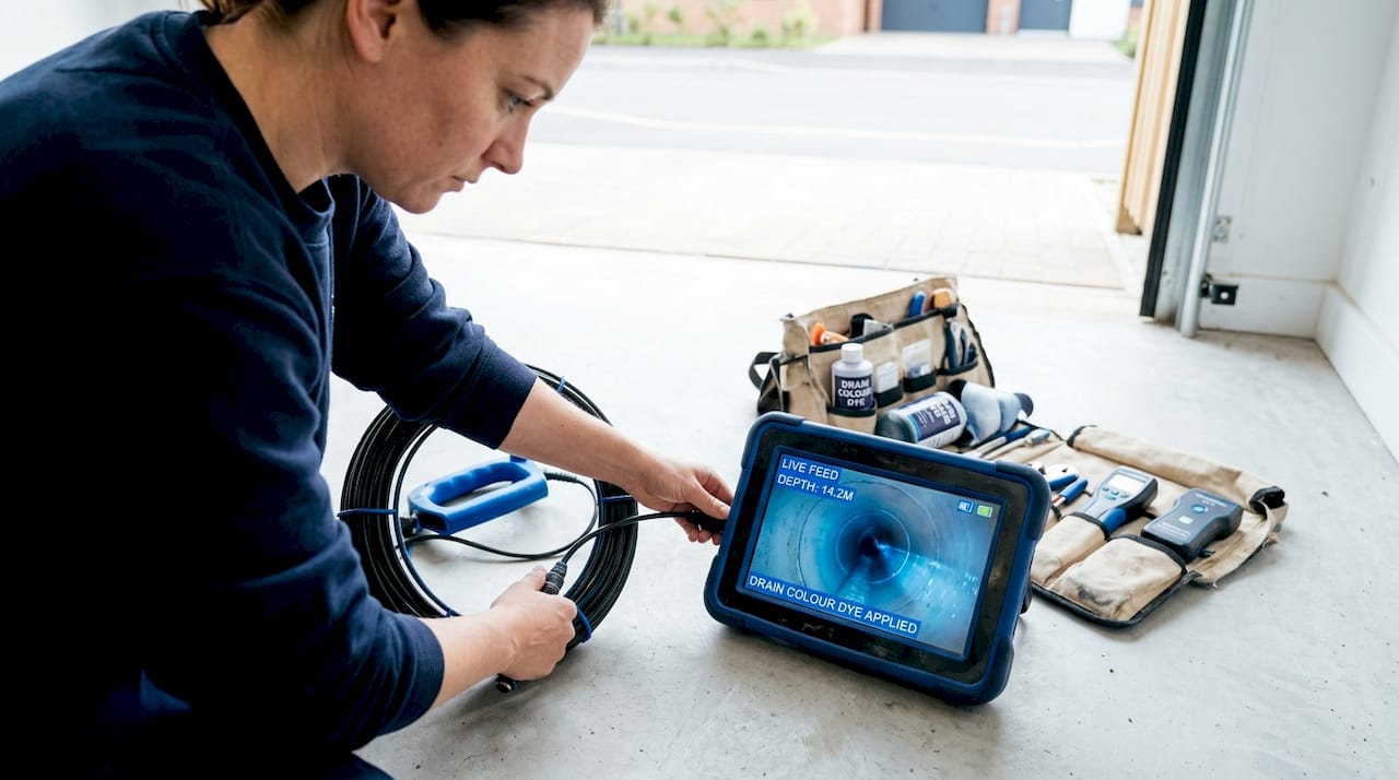 Plumber using modern drain tracing technology