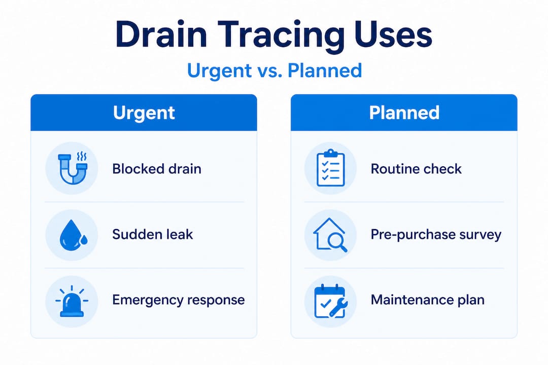 Infographic comparing urgent and planned drain tracing