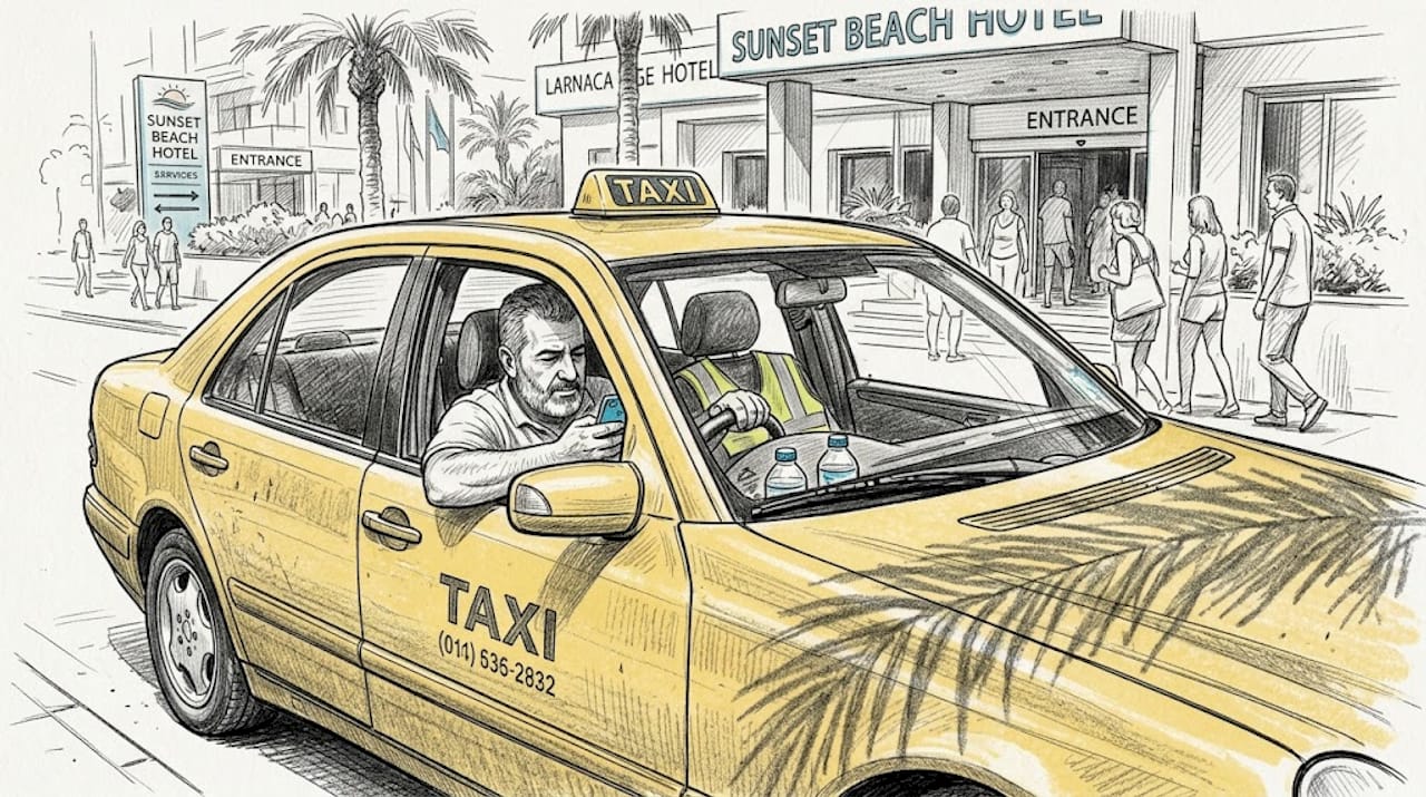 Taxi driver waiting near hotel in Larnaca