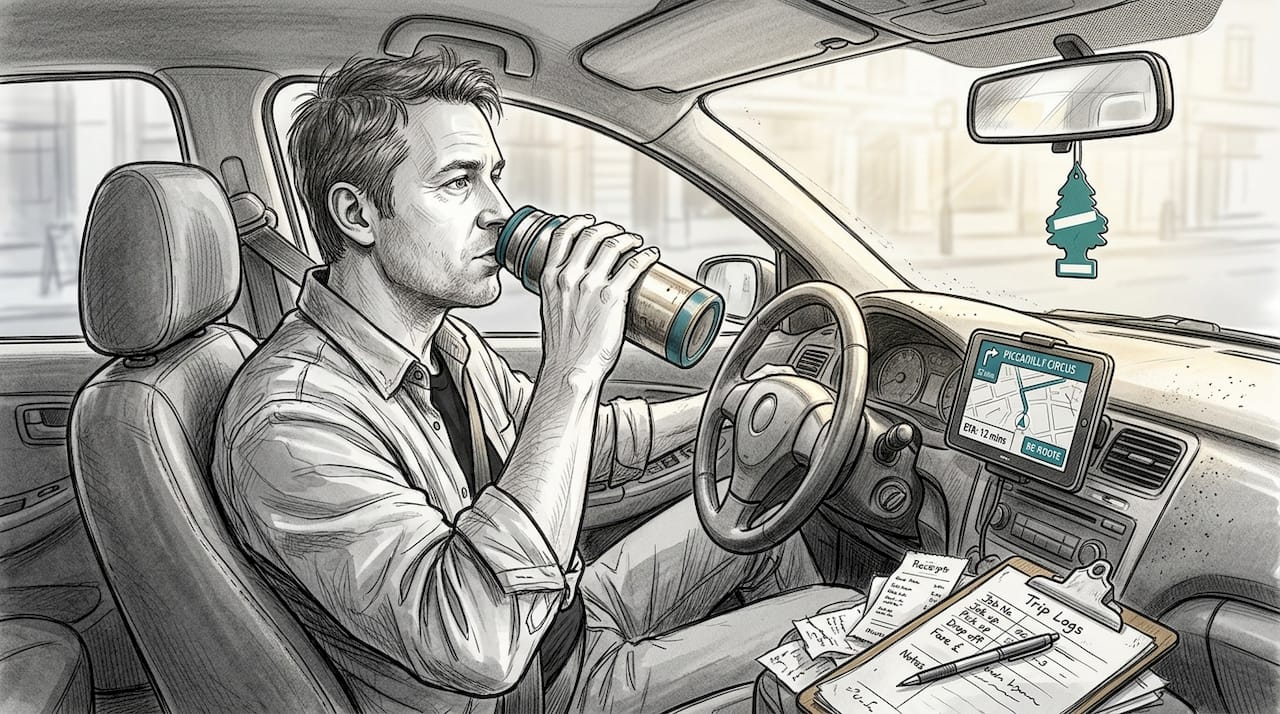 Taxi driver checks GPS in car interior