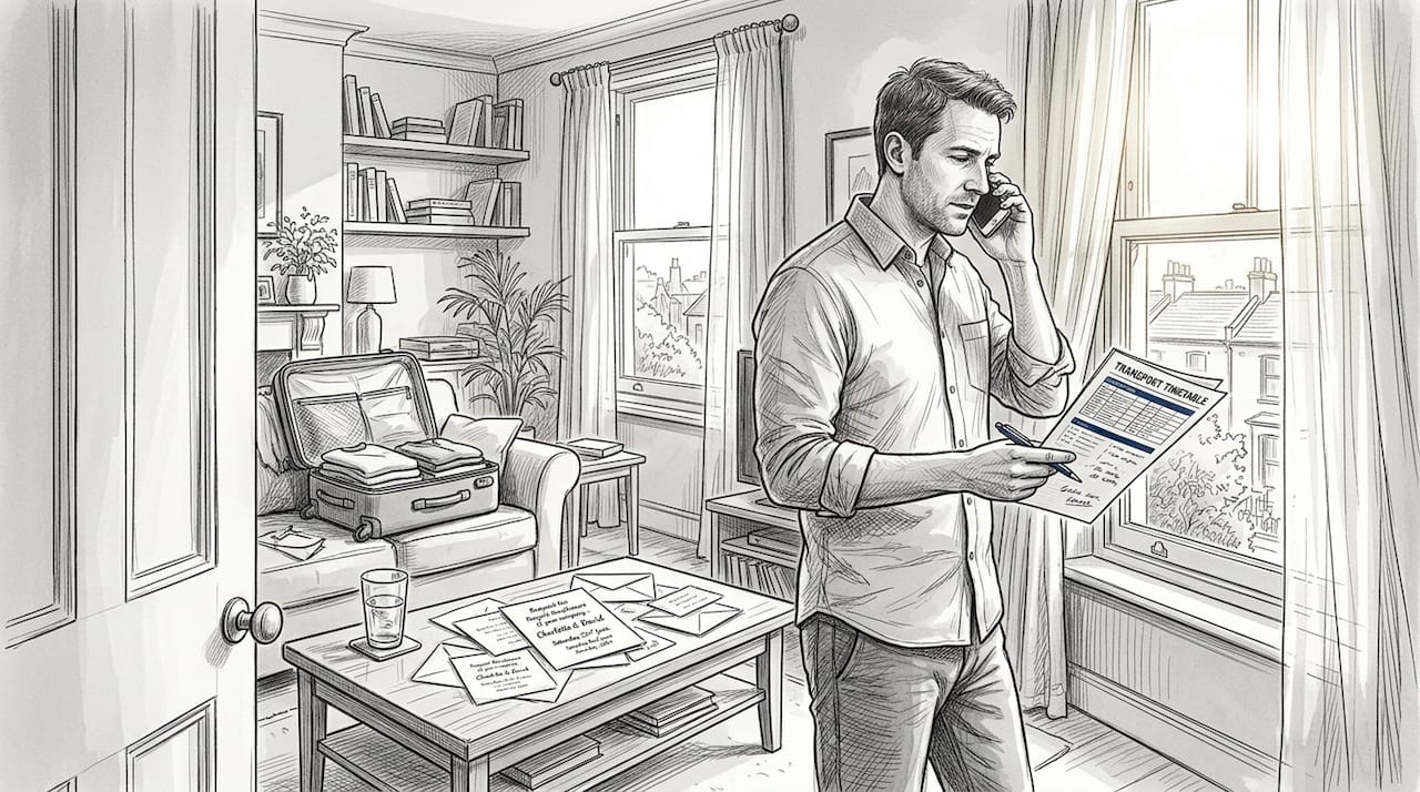 Man coordinating event taxi schedule in living room