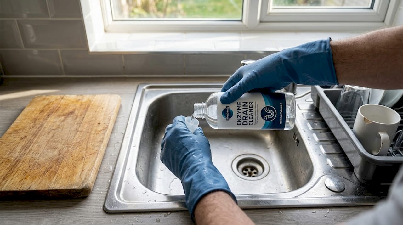 Hands using enzyme drain cleaner in sink