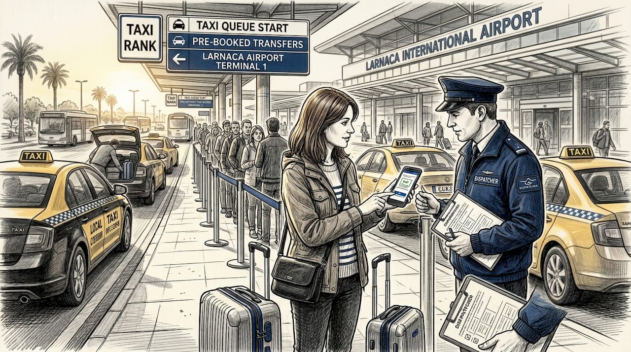 Guest shows booking to Larnaca airport taxi dispatcher