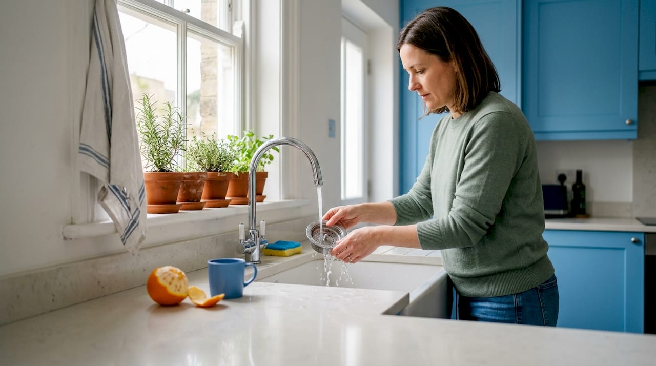 Homeowner rinsing kitchen drain strainer