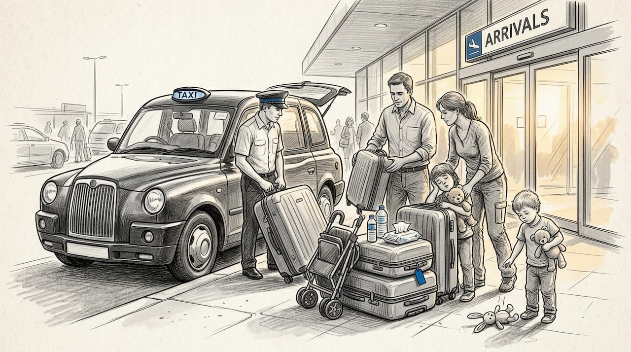 Family unpacking taxi at airport curb