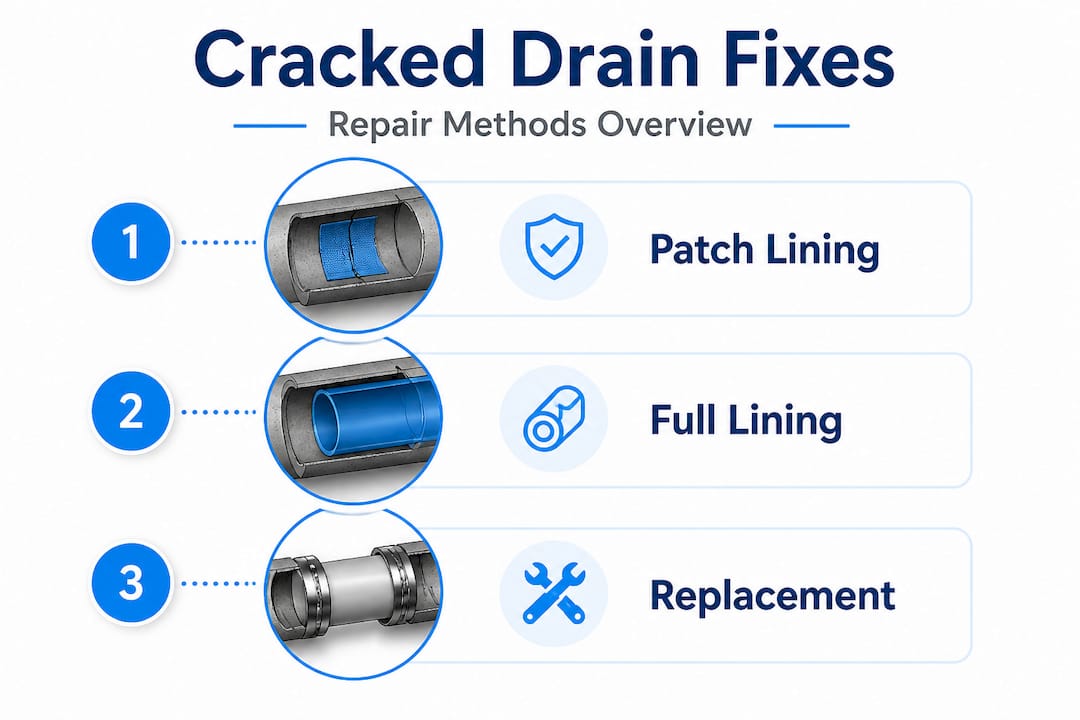 Infographic showing cracked drain repair methods