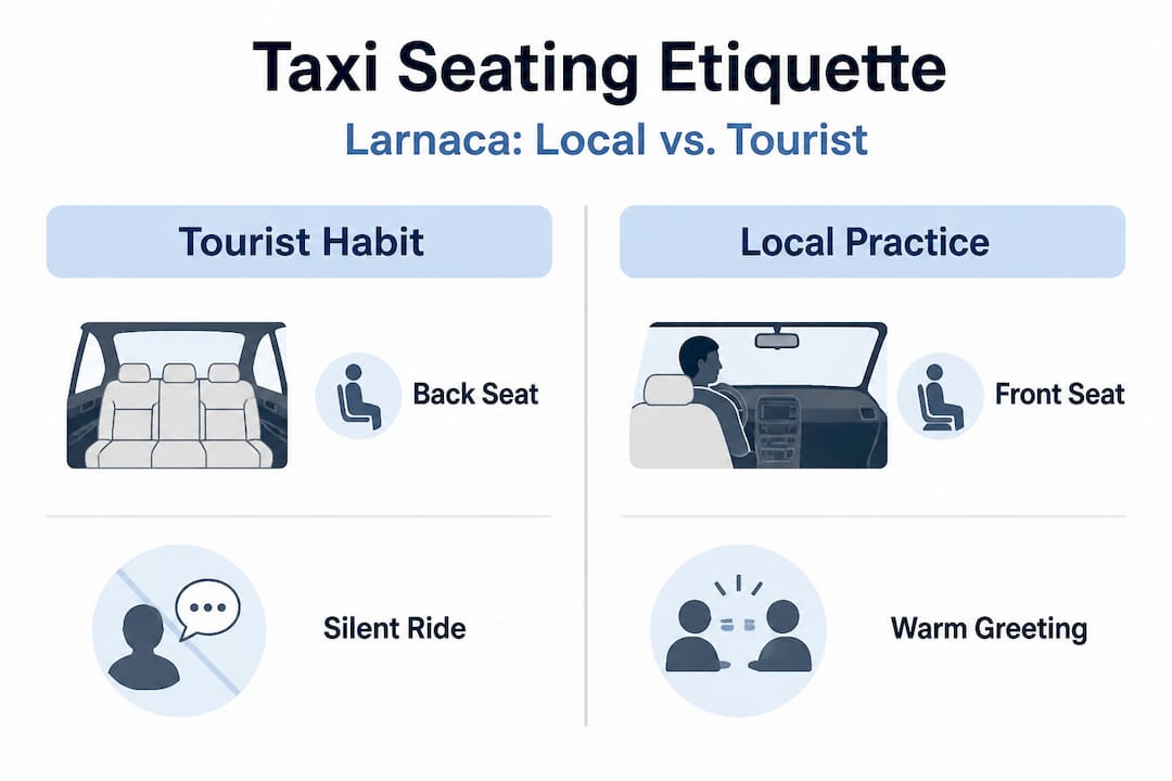 Infographic comparing taxi seating etiquette in Larnaca