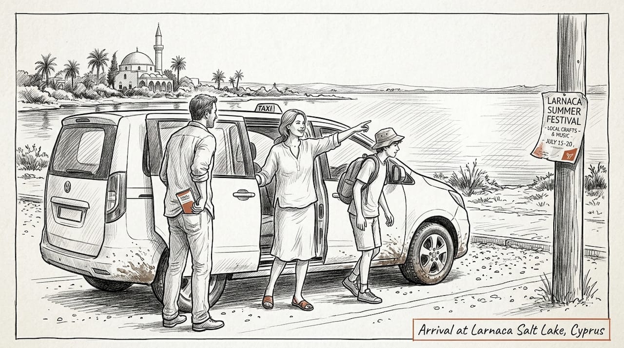 Family exits taxi for sightseeing in Larnaca