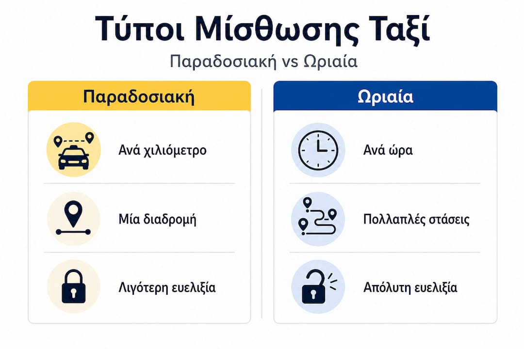 Εικονογραφημένος οδηγός: Παραδοσιακό ταξί ή ενοικίαση ταξί με την ώρα; Δείτε τις διαφορές για να επιλέξετε αυτό που σας ταιριάζει!