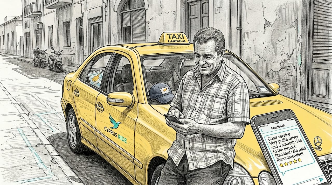 Taxi driver reading customer review on street