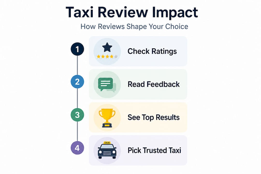 Infographic showing steps from reviews to trusted taxi