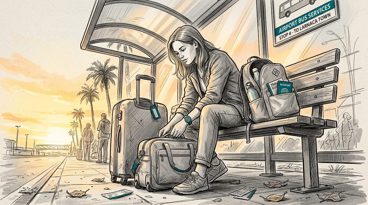 Traveler managing luggage at bus stop