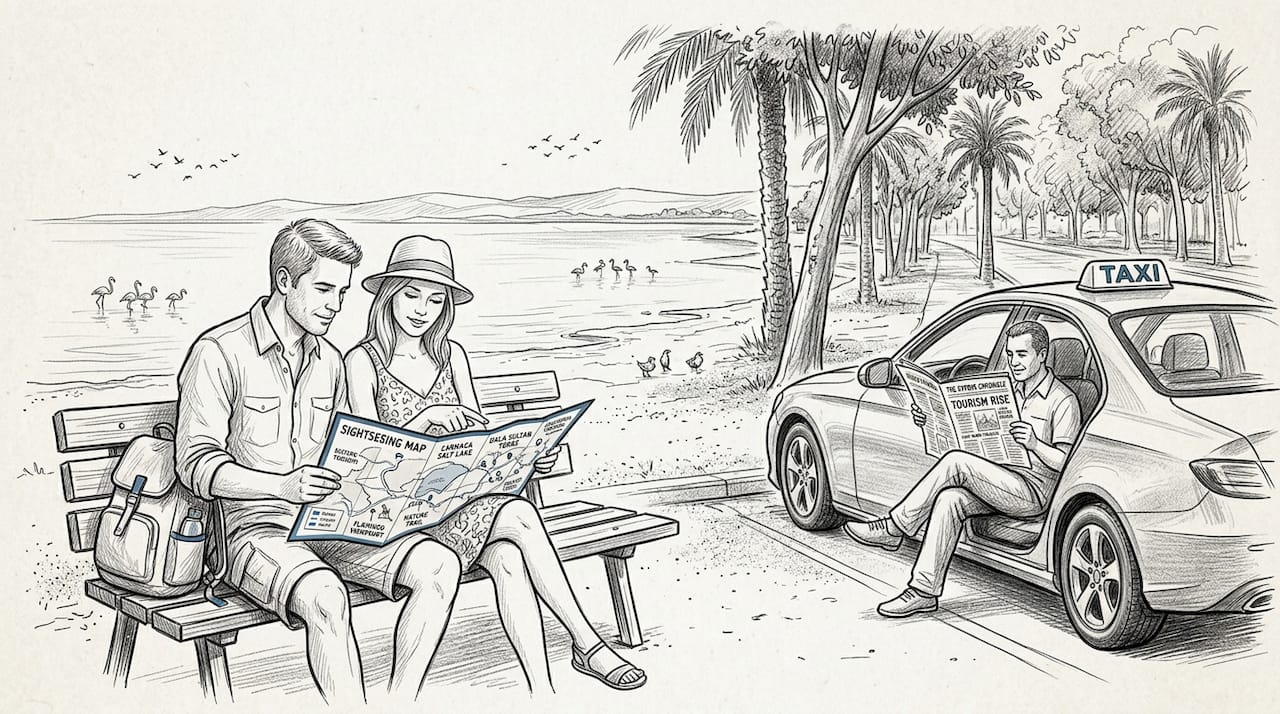 Tourists planning sightseeing with taxi nearby