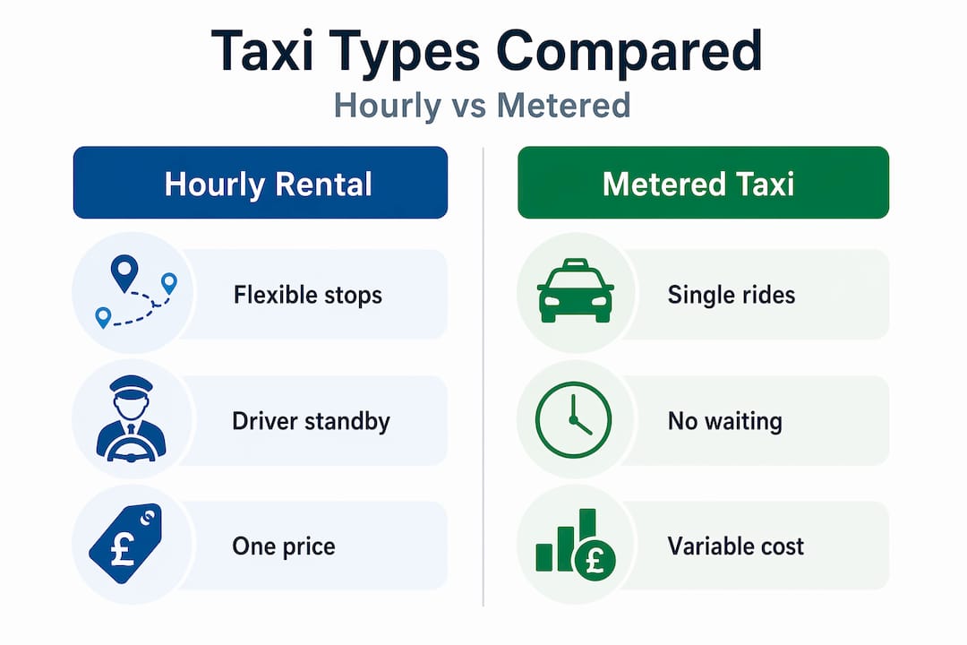 Infographic compares hourly and metered taxi features