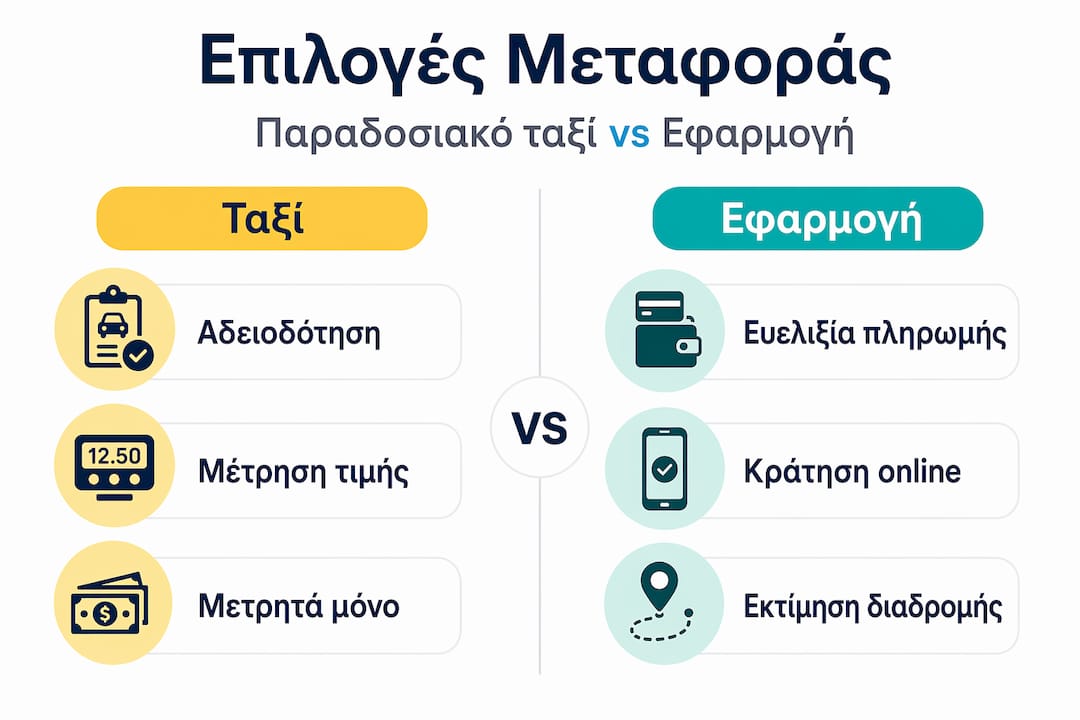 Γραφική απεικόνιση με τα βασικά πλεονεκτήματα και μειονεκτήματα μεταξύ παραδοσιακού ταξί και εφαρμογών μετακίνησης