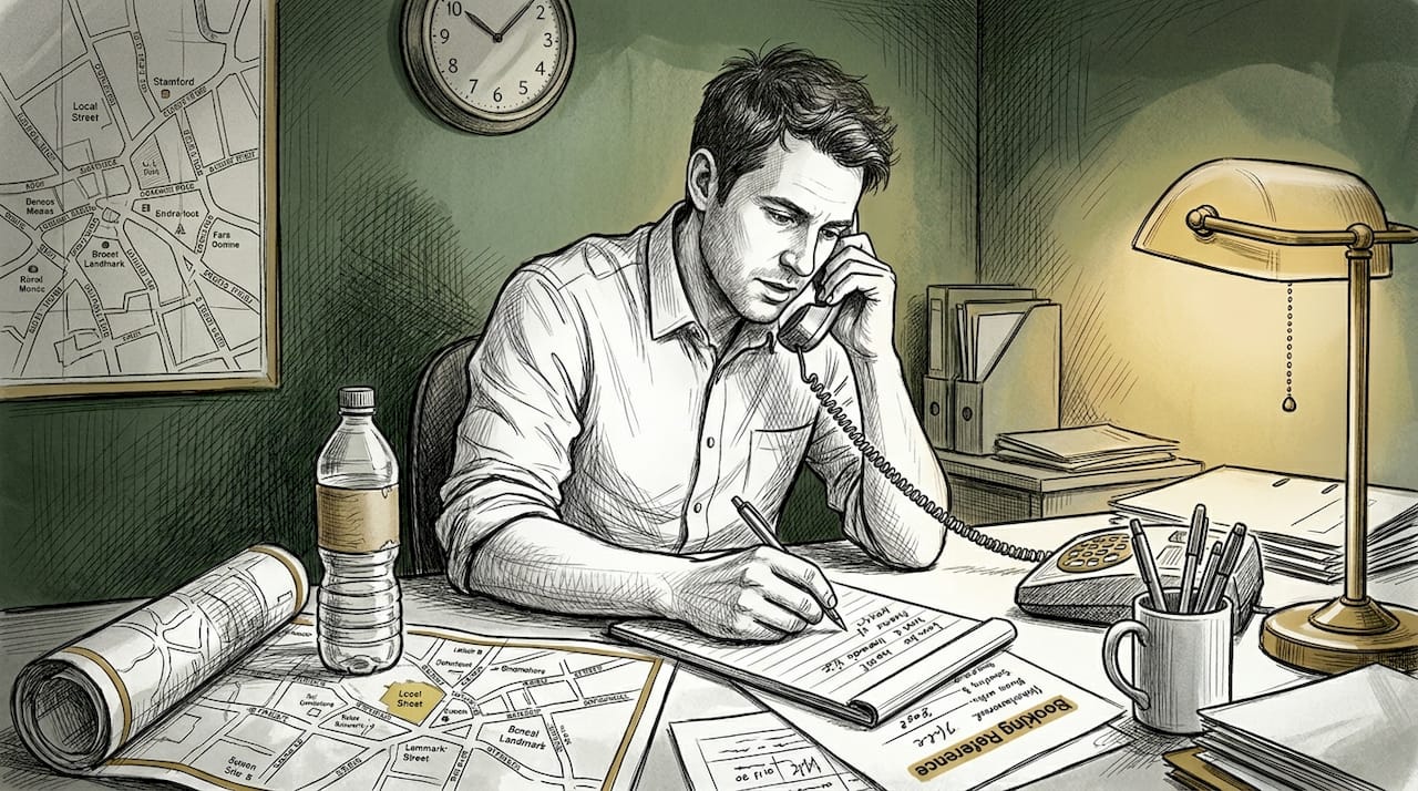 Man booking taxi at office desk