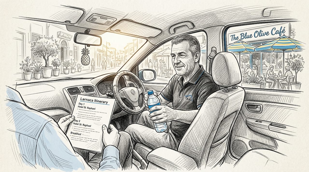 Taxi driver handing water to passenger