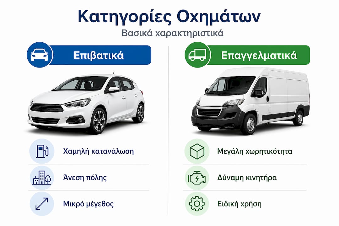 Εικονογράφηση με συγκριτικά στοιχεία: ΙΧ οχήματα vs επαγγελματικά – Ποια είναι τα βασικά τους χαρακτηριστικά και οι διαφορές;