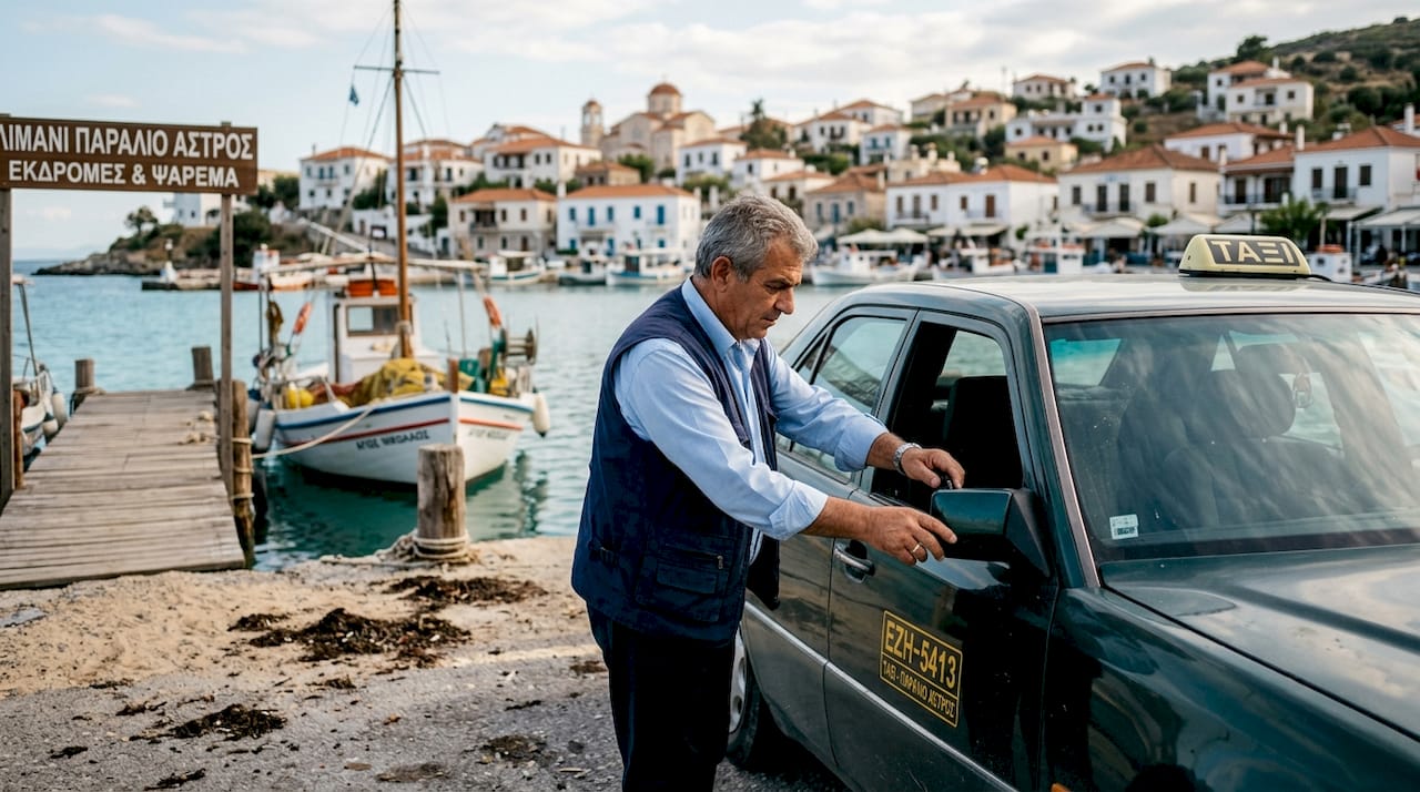 Ένας οδηγός ταξί ετοιμάζει το όχημά του σε μια ήσυχη γειτονιά.