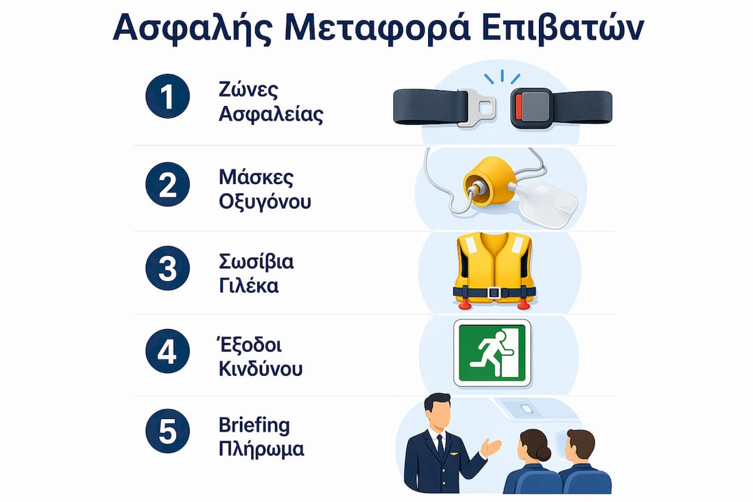 Εικονογραφημένη παρουσίαση με τα βασικά μέσα ασφάλειας που υπάρχουν σε ένα αεροπλάνο.
