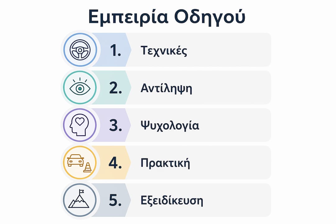 Εικονογραφημένη παρουσίαση με τα βασικά στάδια εξέλιξης και εμπειρίας ενός οδηγού