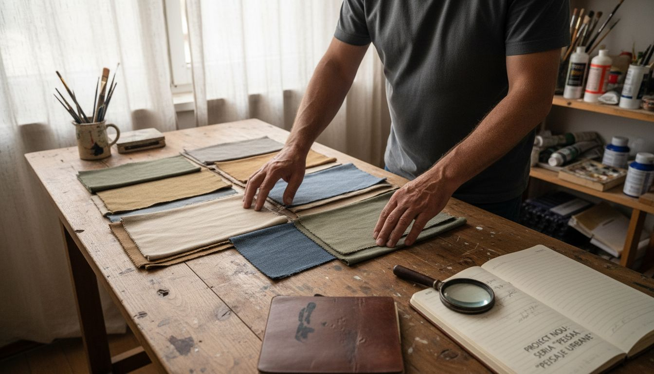 Un bărbat examinează mai multe mostre de material tip canvas, verificându-le calitatea și textura.