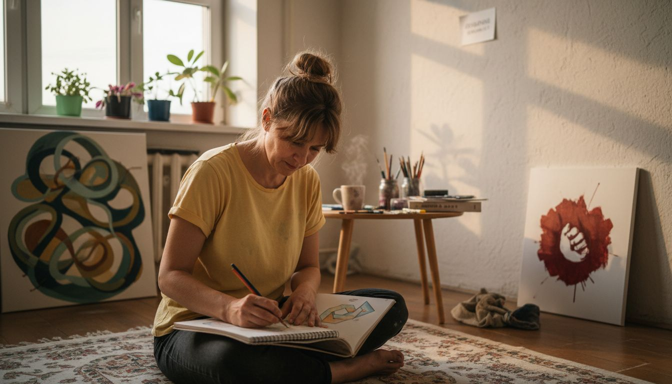 O femeie își lasă imaginația să zboare, desenând forme abstracte într-o cameră liniștită.