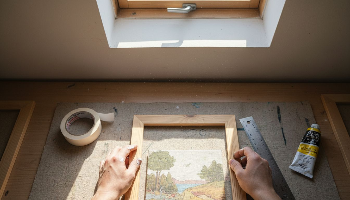 Mâini care întind pânza și o fixează pe un șasiu de lemn