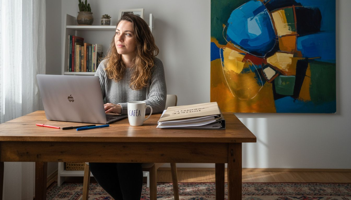 O femeie lucrează la birou, aproape de o piesă de artă modernă.