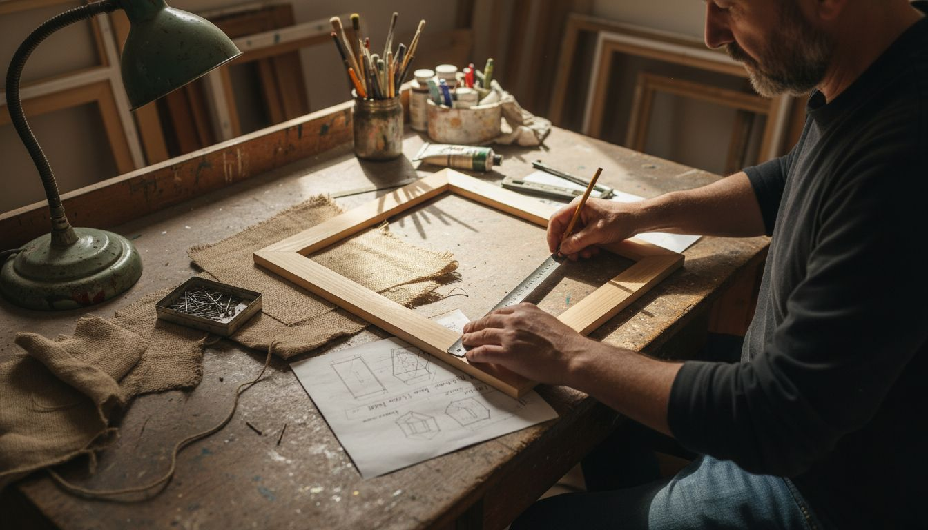 Un bărbat măsoară o ramă de tablou în atelierul său, atent la fiecare detaliu.