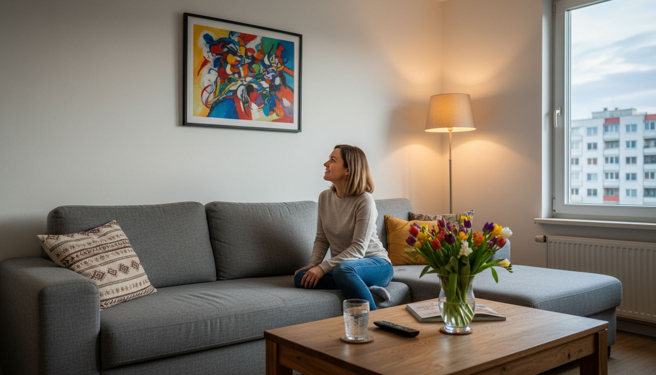 O femeie se bucură de un tablou personalizat, admirându-l în liniștea propriului cămin.