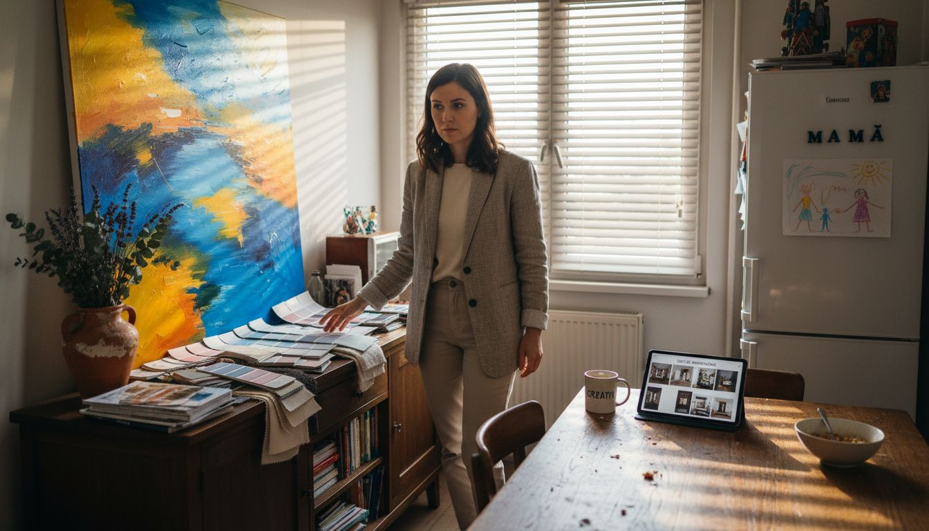 Designerul potrivește paleta de culori cu opera de artă abstractă, astfel încât rezultatul să fie armonios și să pună în valoare fiecare detaliu.