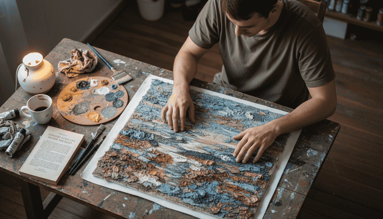 Un bărbat analizează cu atenție materialele folosite pentru o pânză cu textură, încercând să descopere detalii și să înțeleagă tehnica din spatele operei.