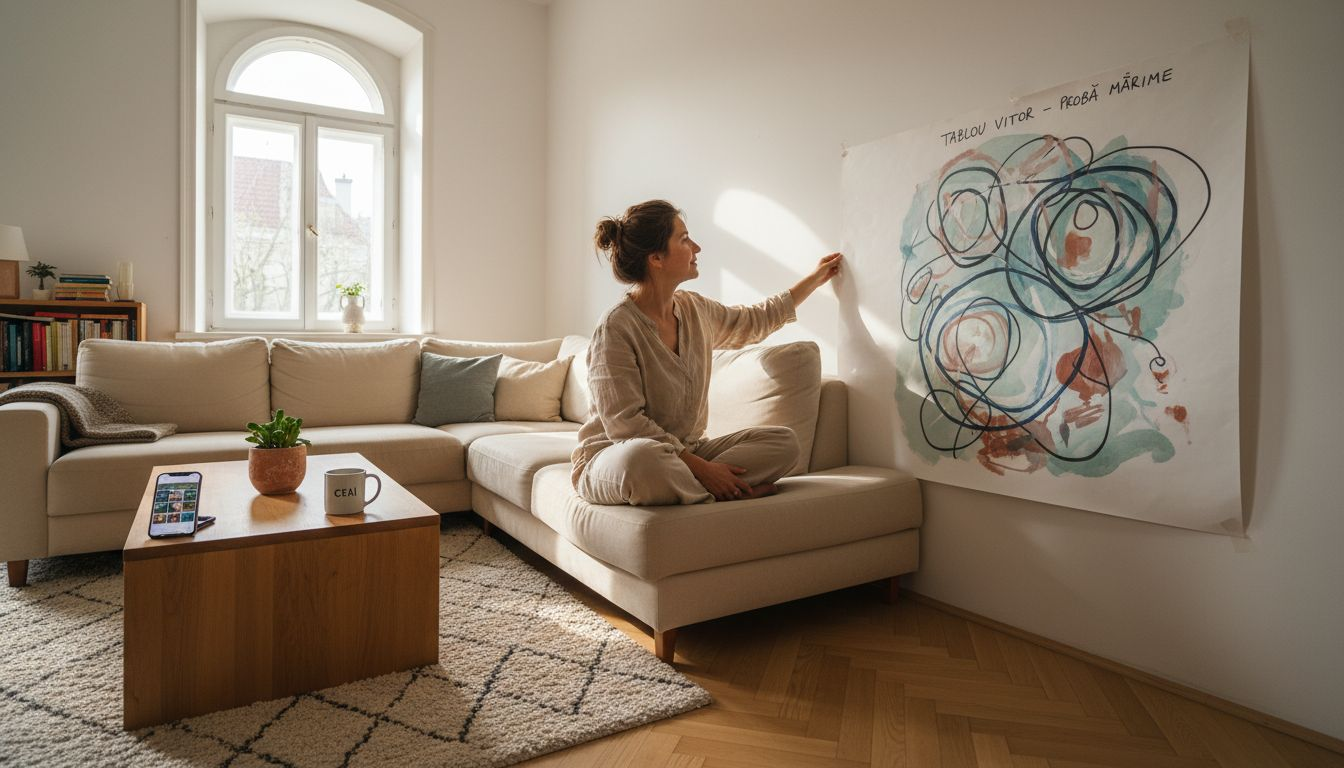 Femeie care folosește un șablon din hârtie pentru a-și da seama ce dimensiune ar trebui să aibă tabloul.