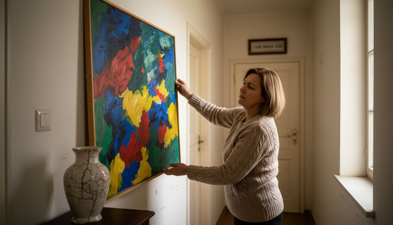 O femeie agață un tablou abstract pe peretele holului.