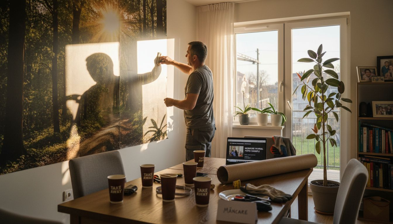 Un bărbat montează un fototapet pe peretele din zona de dining.