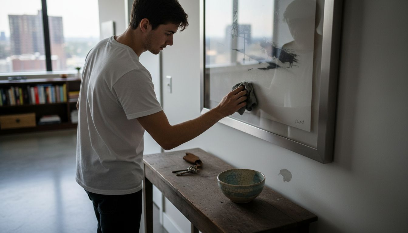Un bărbat șterge cu grijă o piesă decorativă cu ramă metalică, redându-i strălucirea.