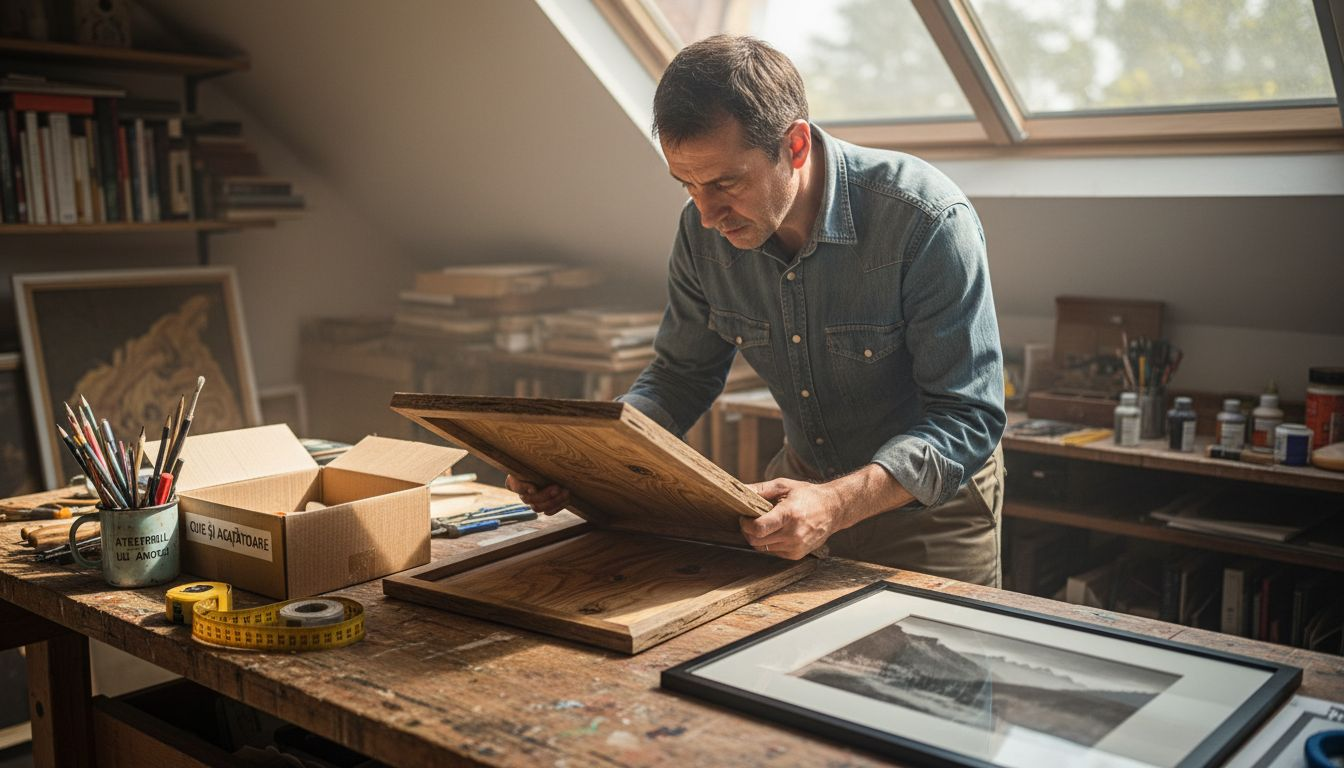 Analiză comparativă între rame de artă din lemn și din sticlă, așezate pe bancul de lucru