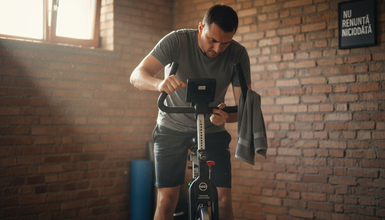 Un bărbat își ajustează șaua bicicletei de fitness, pregătindu-se pentru antrenamentul de acasă.