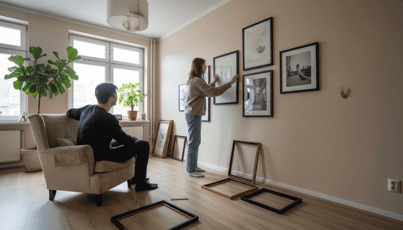 Un cuplu creează aranjamente de tablouri pentru living, astfel încât fiecare perete să spună o poveste.