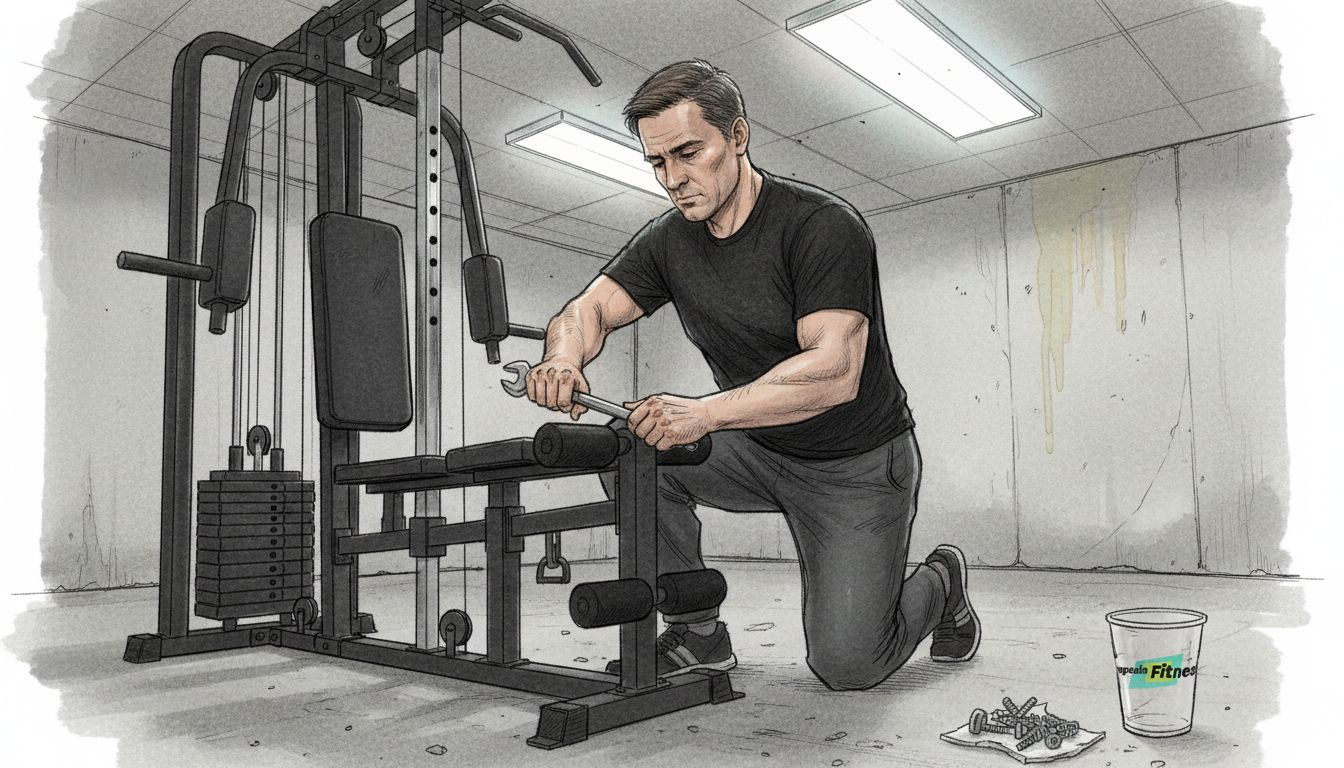 Bărbat îngrijind și întreținând aparatele de fitness din propria locuință