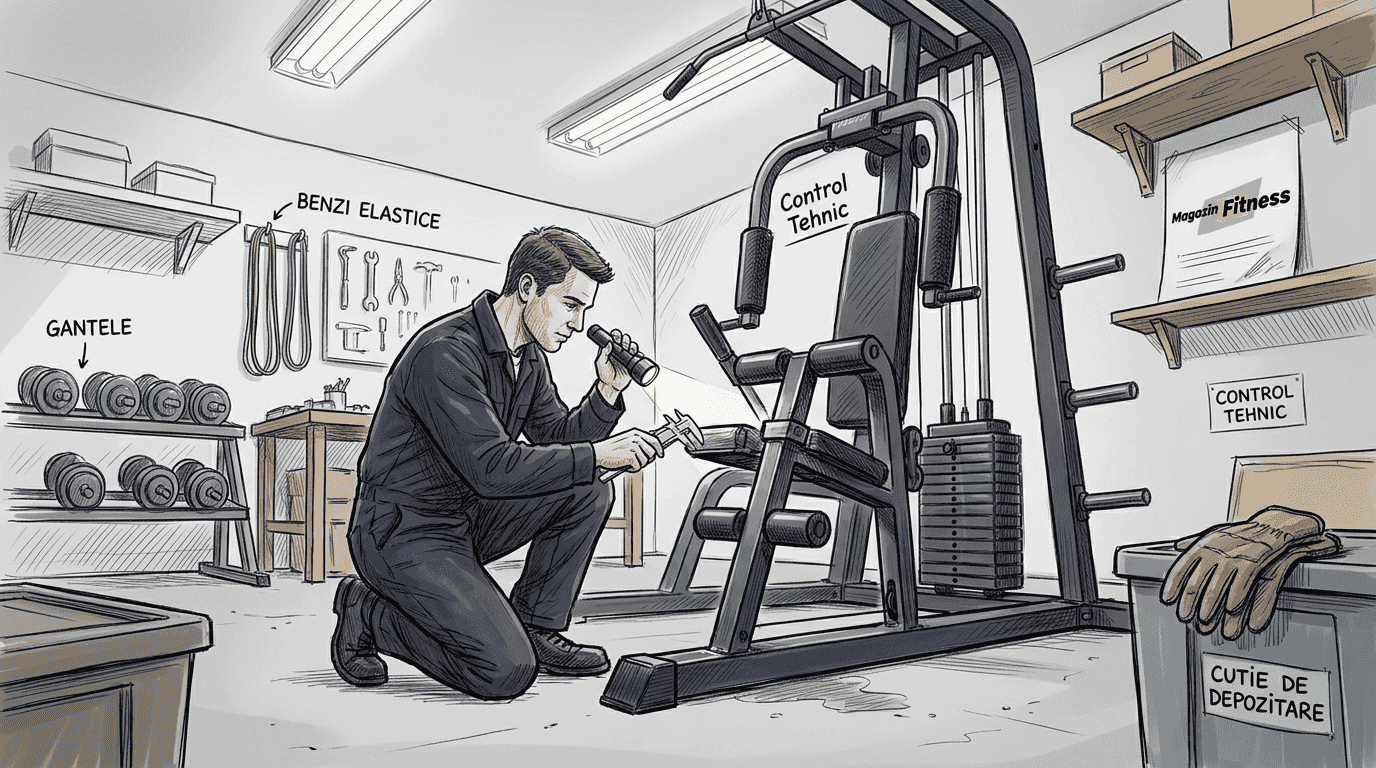 Un specialist verifică atent calitatea construcției unei săli de fitness amenajate acasă.